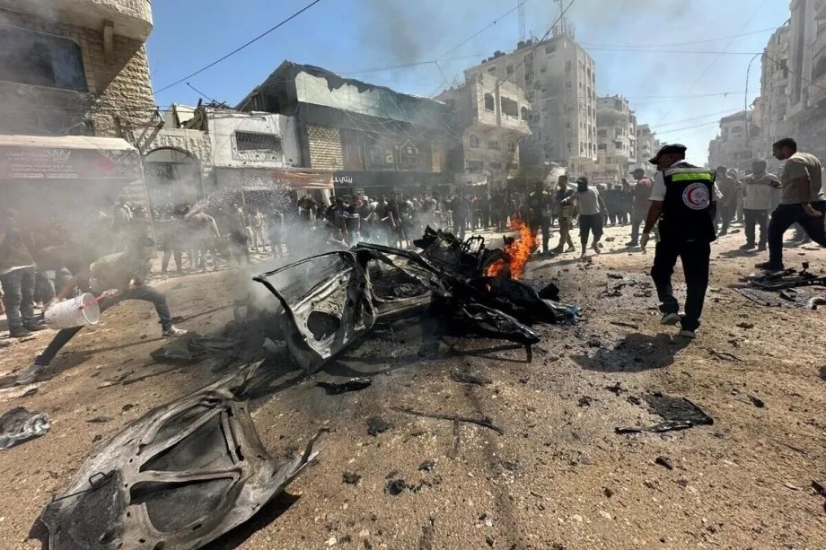 Firefighters extinguish a burning vehicle targeted by the Israeli army in the Tel al-Hawa neighborhood of Gaza City, Palestine on August 31, 2026.