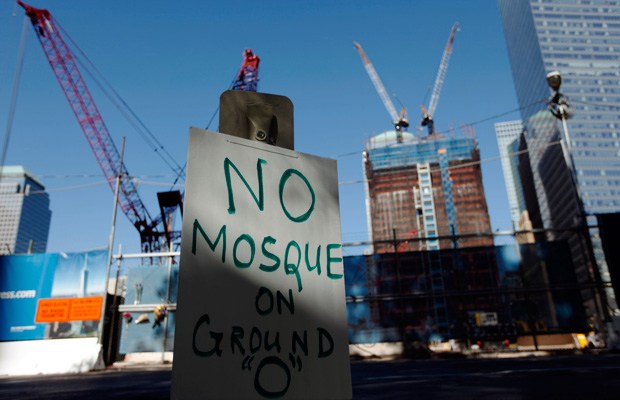 A sign opposing the proposed Park51 community center near ground zero is seen in New York.