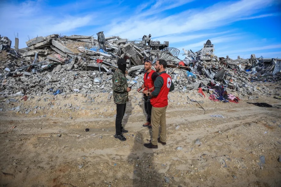 Search efforts continue in Jabalia area as International Committee of the Red Cross (ICRC) personnel, teams from Hamas’ military wing, the Al-Qassam Brigades, and the Quds Brigades of Islamic Jihad join operations to retrieve the bodies of Israeli hostages in Gaza City, Gaza, on December 03, 2025.