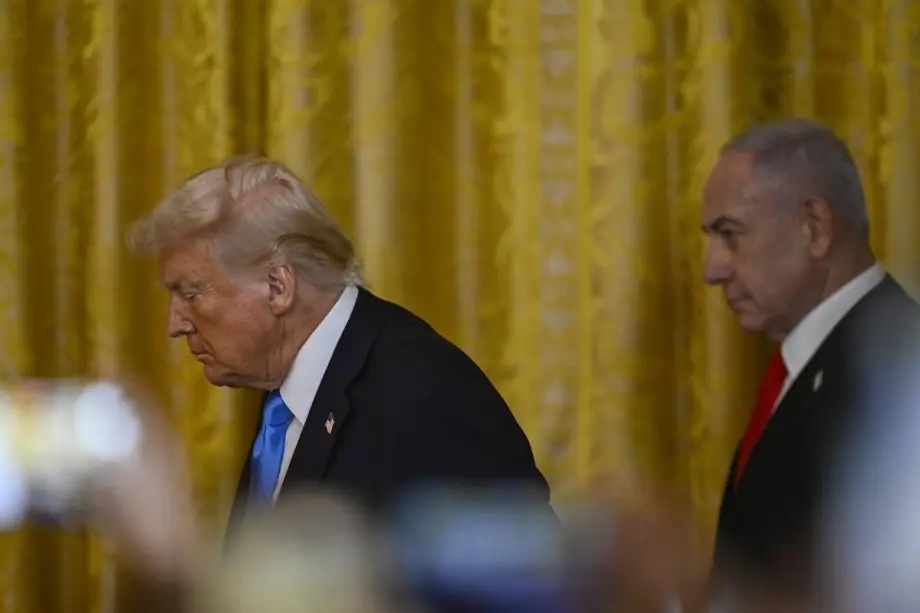 US President Donald Trump and Israeli PM Benjamin Netanyahu hold a joint press conference in the East Room at the White House in Washington, D.C., United States on February 04, 2025. 