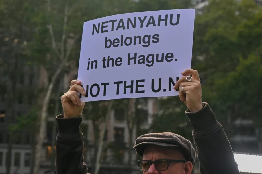 A large group of Jewish and Muslim demonstrators carrying banners and Palestinian flags march from Bryant Park toward the United Nations headquarters to protest the policies of Israeli Prime Minister Benjamin Netanyahu and US President Donald Trump regarding the war in Gaza in New York, United States, on September 24, 2026.