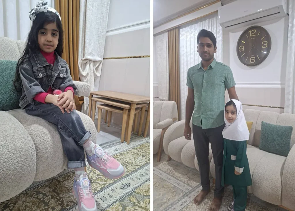 Left: Fatemeh Yazdanpanah, a 6 year old student at the Shajareh Tayyebeh school in Minab. Right: Fatemeh with her father, Yaghoub. Photos courtesy of the Yazdanpanah family. 